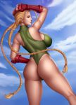  ass beret blonde_hair breasts cammy_white eye_contact flowerxl gauntlets green_eyes green_leotard hat highleg highleg_leotard hips leotard lips looking_at_another looking_at_viewer red_gauntlets serious sidelocks street_fighter street_fighter_ii_(series) street_fighter_iv_(series) street_fighter_v thighs twintails 