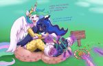  5_toes anthro barefoot between_toes blush bodily_fluids brush caroo coin crown dialogue digit_ring duo english_text equid eyes_closed female friendship_is_magic glowing glowing_horn horn hug hugging_from_behind jewelry mammal my_little_pony one_eye_closed open_mouth pillow princess_celestia_(mlp) princess_luna_(mlp) ring sitting sweat tears text tiara tickling toe_ring toes winged_unicorn wings 