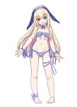  1girl 2018 :d ankle_ribbon arms_at_sides ass_visible_through_thighs barefoot belly blonde_hair blue_bra blue_hairband blue_headwear blue_neckwear blue_panties bow bow_bra bow_panties bra breasts breasts_apart character_request cleavage copyright_request detached_collar disconnected_mouth eyebrows_visible_through_hair feet frilled_bra frilled_cuffs frilled_hairband frills green_eyes groin groin_tendon hairband happy kiyama_satoshi long_hair looking_at_viewer neck_ribbon open_mouth panties photoshop_(medium) raised_eyebrows ribbon shiny shiny_hair side-tie_panties sidelocks simple_background skindentation small_breasts smile solo striped striped_bra striped_panties thigh_ribbon toes too_many_ribbons underboob undersized_clothes underwear wavy_hair white_background white_neckwear white_ribbon wrist_cuffs wrist_ribbon 