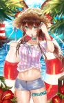  1girl absurdres amiya_(arknights) animal_ears arknights blue_eyes blue_sky breasts brown_hair bunny_ears collarbone cowboy_shot eyebrows_visible_through_hair hair_between_eyes hat highres holding in_mouth kanniepan long_hair midriff navel palm_tree plant short_shorts shorts sidelocks sky solo standing straw_hat sunlight tree water 