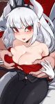  1boy 1girl artist_name blush breasts cleavage collarbone commentary helltaker helltaker_(character) highres horns jtveemo large_breasts long_hair looking_at_viewer lucifer_(helltaker) mole mole_under_eye open_mouth pants red_eyes signature sweat twitter_username white_hair 