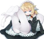  1girl ahoge ass blonde_hair blue_eyes braid commentary dress dress_lift eyebrows_visible_through_hair highres lifted_by_self looking_at_viewer lying maid maid_headdress no_shoes on_back original pantyhose smile solo teranekosu white_legwear 
