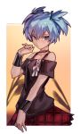  1boy androgynous ansatsu_kyoushitsu bangs bare_shoulders black_ribbon black_shirt blue_eyes blue_hair border bracelet checkered checkered_skirt collar collarbone crossdressing expressionless hair_between_eyes hair_ribbon hand_up highres jewelry looking_at_viewer male_focus otoko_no_ko red_skirt ribbon shiota_nagisa shirt short_twintails sidelocks skirt twintails uncle_rabbit_ii white_border 