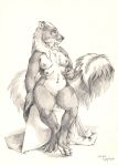  4_breasts anthro black_and_white breasts chest_tuft claws digitigrade fabric female full-length_portrait hand_on_breast hi_res inner_ear_fluff mammal mephitid monochrome multi_breast multi_nipple nipples portrait scale_(artist) simple_background sitting sketch skunk solo tuft whiskers 