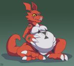  2020 belly big_belly claws digimon digimon_(species) green_background guilmon hand_on_stomach male muzz overweight red_body scalie simple_background sitting solo tongue tongue_out white_belly yellow_sclera 