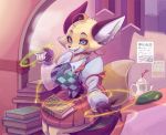  2018 4_fingers ahoge anthro beverage black_ears black_pawpads blue_eyes book bottomwear canid canine clothed clothing countershade_face countershading cup detailed_background digital_media_(artwork) dipstick_tail female fingers fox fully_clothed fur hair hi_res holding_object inside inutsukihasukii kemono looking_at_viewer magic_user mammal multicolored_tail neck_tuft necktie pawpads portrait sitting skirt solo steam tea teapot three-quarter_portrait tuft white_countershading yellow_body yellow_fur 