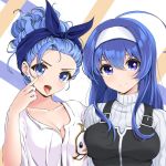  2girls akanbe bangs blue_eyes blue_hair breasts chaesu cleavage hair_pulled_back hairband large_breasts long_hair looking_at_viewer minah_(chaesu) multiple_girls open_mouth orie_(under_night_in-birth) original print_shirt ribbed_shirt shirt tongue tongue_out under_night_in-birth upper_body white_hairband white_shirt 