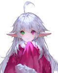  1girl ahoge bean_sprouts_(6651003) blush closed_mouth elf eyebrows_visible_through_hair fur_trim green_eyes heterochromia highres long_hair original pointy_ears purple_eyes short_eyebrows simple_background sketch solo upper_body white_background white_hair 