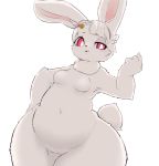  2020 accessory anthro blush breasts chipar domestic_rabbit featureless_breasts featureless_crotch female fur hair hair_accessory hairclip hand_on_hip hi_res kemono lagomorph leporid light_theme looking_at_viewer mammal navel neck_tuft nude oryctolagus pink_eyes portrait pose rabbit scut_tail simple_background small_breasts solo thick_thighs three-quarter_portrait tuft white_background white_body white_fur 