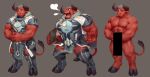  4_fingers abs anthro biceps bovid bovine brown_hair bulge cattle censor_bar censored clothed clothing eyebrows eyes_closed fingers fur hair hooves horn loincloth looking_aside male mammal muscular muscular_male nipples nude null-ghost open_mouth pecs pose red_body red_fur roaring simple_background smile solo 