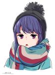  1girl artist_name black_headwear blue_hair bobblehat coat cropped_torso dated frown green_coat half-closed_eyes horikou long_hair looking_at_viewer multicolored multicolored_clothes multicolored_scarf open_mouth portrait purple_eyes scarf shima_rin sidelocks signature simple_background solo striped striped_scarf white_background yurucamp 