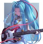  1girl ahoge blue_eyes blue_hair braid chest_jewel choker earrings electric_guitar fingerless_gloves gloves granblue_fantasy guitar highres instrument jewelry lyria_(granblue_fantasy) music nail_polish playing_instrument ponytail skymax 