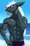  abs anthro clothed clothing fish glistening glistening_body glistening_skin hair hi_res kevinlaros male marine muscular muscular_male sea shark solo swimming_trunks swimwear topless water wave 