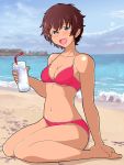  1girl akiyama_yoshiko barefoot beach bikini blue_sky blurry blurry_background breasts brown_eyes brown_hair cleavage commentary cup day depth_of_field drinking_glass drinking_straw earrings girls_und_panzer half-closed_eyes highres holding holding_cup ice ice_cube jewelry looking_at_viewer mature medium_breasts navel ocean open_mouth outdoors pink_bikini sitting sky smile solo stud_earrings swimsuit tan tanaka_rikimaru wariza 
