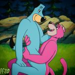  1:1 anthro blue_body blue_fur canid canine canis cougar domestic_dog duo embrace fabfelipe felid feline fur hanna-barbera hi_res huckleberry_hound male male/male mammal nude pink_body pink_fur snagglepuss snagglepuss_(series) the_huckleberry_hound_show 
