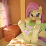  1:1 3d_(artwork) anus bedroom bedroom_eyes blender_(software) blush butt clothing cutie_mark digital_media_(artwork) equid equine female fluttershy_(mlp) friendship_is_magic genitals hi_res legs_up looking_at_viewer mammal my_little_pony narrowed_eyes nude ooredelen panties panties_around_legs panties_down pegasus pillow pillow_hug presenting presenting_hindquarters pussy seductive solo spread_legs spread_wings spreading underwear wings 