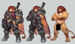  4_toes 5_fingers abs anthro armor biceps bulge censor_bar censored claws clothed clothing eyebrows eyes_closed felid fingers footwear frown lion looking_aside male mammal mane melee_weapon muscular muscular_male nude null-ghost open_mouth pantherine pecs pose pubes simple_background smile solo sword toes weapon white_background 