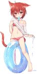  1girl animal_ears between_legs bikini cat_ears character_request collarbone copyright_request eyebrows_visible_through_hair food food_in_mouth full_body hair_between_eyes innertube looking_at_viewer lowleg lowleg_bikini popsicle red_bikini red_eyes red_hair see-through shirt short_hair solo source_request striped striped_bikini swimsuit t-shirt third-party_source transparent_background water wet wet_clothes white_bikini 