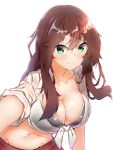  1girl absurdres bikini bikini_under_clothes black_bikini blush braid breasts brown_hair cleavage collarbone green_eyes hair_between_eyes harukawa_(hal501) highres kantai_collection large_breasts leaning_forward long_hair looking_at_viewer messy_hair navel noshiro_(kantai_collection) red_sarong sarong shirt sidelocks simple_background smile solo swimsuit twin_braids white_background white_shirt 