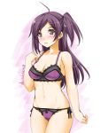 1girl ahoge akimoto_dai bikini bra breasts brown_eyes cleavage collarbone commentary_request cowboy_shot dated groin hagikaze_(kantai_collection) highres kantai_collection lace lace_bra long_hair medium_breasts one_side_up panties parted_lips purple_bra purple_hair purple_panties side-tie_bikini solo swimsuit twitter_username underwear underwear_only 