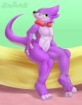  ambiguous_gender anthro bed buizel fur furniture gobanire green_eyes hindpaw looking_at_viewer muscular muscular_ambiguous nintendo paws pok&eacute;mon pok&eacute;mon_(species) purple_body purple_fur ruby_the_otter solo video_games 