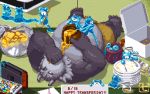  16:10 2020 anthro belly bottomwear clothing detailed_background eating group honey humanoid_hands kemono male nanadragon4 nintendo nintendo_switch overweight overweight_male shorts tokyo_afterschool_summoners tsathoggua video_games widescreen 
