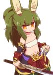  1girl animal_ear_fluff animal_ears bandeau bangs bell blush brown_eyes bunny_ears closed_mouth commentary_request eyebrows_visible_through_hair green_hair green_pants hair_between_eyes highres holding holding_sword holding_weapon jingle_bell long_hair looking_at_viewer masurao_(sekaiju) naga_u navel pants ponytail sekaiju_no_meikyuu sekaiju_no_meikyuu_5 simple_background solo sword unsheathed v-shaped_eyebrows vambraces very_long_hair weapon white_background white_bandeau 