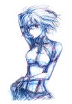  1girl angelise_ikaruga_misurugi blue_theme cross_ange floating_hair gata2013 hand_in_hair hand_on_hip highres looking_to_the_side midriff red_eyes short_hair sketch solo spot_color white_background 