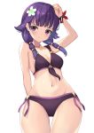  1girl absurdres arm_up bikini black_bikini breasts cleavage closed_mouth fire_emblem fire_emblem:_the_sacred_stones fire_emblem_heroes flower hair_flower hair_ornament hako_momiji highres lute_(fire_emblem) navel purple_eyes purple_hair simple_background solo swimsuit white_background 