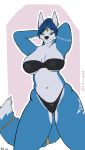  anthro bikini blue_body blue_fur blue_hair breasts canid canine clothed clothing digital_media_(artwork) female fox fur gem hair hi_res jewelry kida_howlette krystal looking_at_viewer mammal nintendo simple_background smile solo star_fox swimwear thong underwear video_games white_body white_fur 