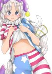  1girl american_flag_dress american_flag_legwear ass_visible_through_thighs blush braid breasts chikado clownpiece clownpiece_(cosplay) cosplay cowboy_shot dress dress_lift hat highres jester_cap large_breasts lifted_by_self long_hair looking_at_viewer lunatic_gun neck_ruff pantyhose polka_dot purple_headwear silver_eyes silver_hair simple_background single_braid solo star_(symbol) star_print stomach striped sweat touhou very_long_hair white_background yagokoro_eirin 