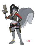  2019 anklet anthro bandolier belt_pouch black_hair blue_eyes breasts buckteeth callista_brandis claws cleavage clothed clothing dagger female fur grey_body grey_fur gun hair hi_res jewelry kacey mammal melee_weapon open_mouth ponytail ranged_weapon rodent sciurid simple_background solo star_trek_online teeth tree_squirrel uniform weapon werewolf_ss white_background 