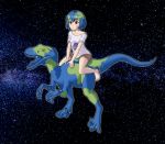  1girl anonbardos barefoot blue_hair brown_eyes brown_shorts closed_mouth commentary dinosaur earth-chan english_commentary green_hair highres nasa_logo off-shoulder_shirt off_shoulder original shirt short_hair shorts smile space velociraptor white_shirt 