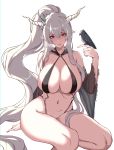  1girl angelique arknights bangs bare_shoulders bikini bird bird_on_finger black_bikini breasts commentary detached_sleeves eyebrows_visible_through_hair grey_eyes hair_between_eyes hand_up highres horns huge_breasts long_hair long_ponytail long_sleeves looking_at_viewer parted_lips pointy_ears shining_(arknights) sidelocks silver_hair simple_background sitting smile solo swimsuit thighs very_long_hair white_background wide_sleeves 