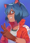  2020 5_fingers anthro blue_eyes blue_hair brand_new_animal brown_body brown_fur brown_nose canid canine clothed clothing female fingers fur gloves_(marking) hair hi_res jacket lizzy_imo mammal markings michiru_kagemori multicolored_eyes open_jacket pink_eyes raccoon_dog short_hair smile solo studio_trigger tanuki topwear 