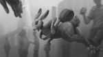  16:9 2020 anthro blurred_background butt clothed clothing detailed_background fully_clothed greyscale group ipoke lagomorph leporid light lighting mammal midair monochrome rabbit solo_focus widescreen 