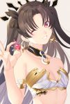  1girl akapug621 armlet black_hair bow breasts cleavage earrings fate/grand_order fate_(series) gem gold_trim hair_bow hoop_earrings ishtar_(fate)_(all) ishtar_(fate/grand_order) jewelry one_eye_closed red_eyes smile sparkle twintails two_side_up 