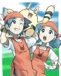  1boy 1girl apron arms_up bandana blue_eyes blue_hair character_print cloud day donnpati elekid gen_2_pokemon gloves grass highres light_blush on_shoulder one_eye_closed open_mouth orange_apron orange_bandana outdoors pokemon pokemon_(creature) pokemon_(game) pokemon_breeder_(pokemon) pokemon_on_shoulder pokemon_oras shirt sky teeth tongue white_gloves white_shirt 