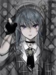  1girl black_choker black_neckwear blue_hair blurry blurry_background blurry_foreground chain-link_fence choker collared_shirt depth_of_field eyebrows_visible_through_hair fence grey_jacket hand_up hat highres hololive hoshimachi_suisei jacket looking_at_viewer nanashi_(nlo74593630) necktie parted_lips purple_eyes shirt solo upper_body wing_collar 