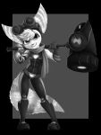  3:4 anthro biped black_and_white capt_crosshatch clothed clothing ear_piercing eyewear female goggles goggles_on_head hi_res lombax looking_at_viewer mammal monochrome neckerchief piercing prosthetic prosthetic_arm prosthetic_limb ratchet_and_clank rift_apart_lombax simple_background solo stripes video_games weapon 