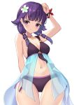  1girl absurdres arm_up bikini black_bikini breasts cleavage closed_mouth fire_emblem fire_emblem:_the_sacred_stones fire_emblem_heroes flower hair_flower hair_ornament hako_momiji highres lute_(fire_emblem) navel purple_eyes purple_hair see-through simple_background solo swimsuit white_background 