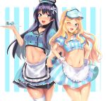  2girls ;d absurdres apron aqua_background aqua_eyes black_hair blonde_hair blush breasts can character_request fang flower hair_flower hair_ornament highres long_hair maid_apron midriff multiple_girls navel one_eye_closed open_mouth saise_chisa skirt small_breasts smile striped striped_background tagme thighhighs to_aru_kagaku_no_railgun to_aru_majutsu_no_index white_background white_legwear yumiya_rakko 