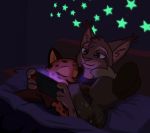  african_wild_dog anthro bed bisexual canid canine cheetah cuddling eyes_closed felid feline female furniture group hi_res lynx male mammal nintendo nintendo_switch sleeping star theblueberrycarrots video_games 