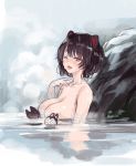  1girl alternate_hairstyle animal_ears bathing black_hair blush breasts brown_eyes commentary dog_ears eyebrows_visible_through_hair fang hair_up hand_up inui_toko kiyama_satoshi large_breasts long_hair looking_at_viewer nijisanji nude one_eye_closed onsen partially_submerged rock solo steam upper_body water wet 