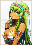  1girl absurdres armlet bare_shoulders blush border bracer breasts brown_border character_request circlet cleavage collar colored_eyelashes commentary_request dark_skin earrings egyptian_clothes finger_to_chin gem gibagiba glint green_eyes green_hair highres huge_filesize jewelry long_hair medium_breasts monster_strike outside_border parted_lips ring ruby_(gemstone) see-through solo upper_body veil very_long_hair 