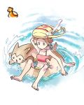  1girl arm_up bag_over_head barefoot brown_eyes brown_hair collarbone commentary_request donnpati feet furret gen_2_pokemon highres kotone_(pokemon) navel pokemon pokemon_(creature) pokemon_(game) pokemon_hgss soles splashing sprite toes twintails water yellow_bag 