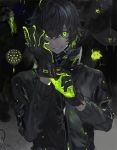  1boy adjusting_clothes adjusting_gloves akira_hou animal bangs black_hair collared_jacket dark_background gloves green_eyes grin jacket long_sleeves male_focus mouth_hold nautilus_(animal) original pale_skin smile solo stingray upper_body 