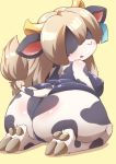  2016 anthro big_butt black_body black_clothing black_fur black_swimwear blush bovid bovine breasts brown_hair butt cattle clothed clothing cloven_hooves ear_tag eyeless female full-length_portrait fur hair hair_over_eyes holstein_friesian_cattle hooves horn huge_butt kemono kneeling looking_at_viewer looking_back mammal nipple_outline one-piece_swimsuit open_mouth open_smile portrait raised_tail rear_view short_stack simple_background smile solo spots spotted_body spotted_fur swimwear ukan_muri white_body white_fur yellow_horn 
