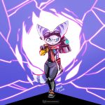  1:1 2020 anthro blue_body blue_eyes blue_fur clothed clothing female fully_clothed fur hi_res holding_object holding_weapon kiaun lombax looking_at_viewer mammal prosthetic prosthetic_arm prosthetic_limb purple_background ratchet_and_clank rift_apart_lombax scarf simple_background solo standing text url video_games weapon 