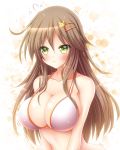  1girl :3 bangs bare_arms bare_shoulders blush bra breasts brown_hair cat_hair_ornament commentary_request eyebrows_visible_through_hair green_eyes hair_between_eyes hair_ornament hairclip highres himekawa_yuki idolmaster idolmaster_cinderella_girls large_breasts long_hair looking_at_viewer osashin_(osada) smile solo stomach underwear upper_body white_background white_bra 